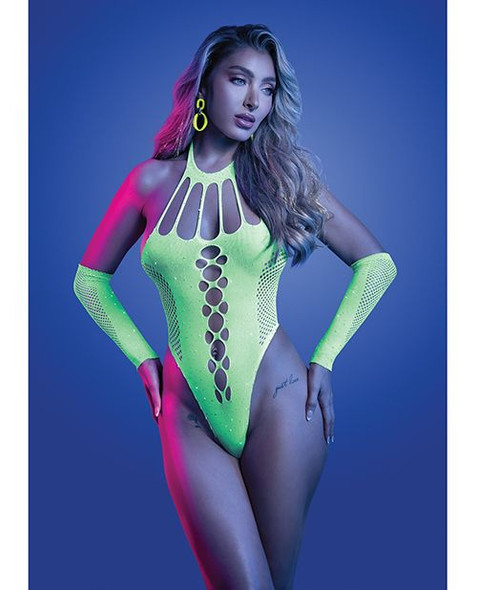 Pressure Point UV Reactive Rhinestone Teddy & Gloves - Glow Green