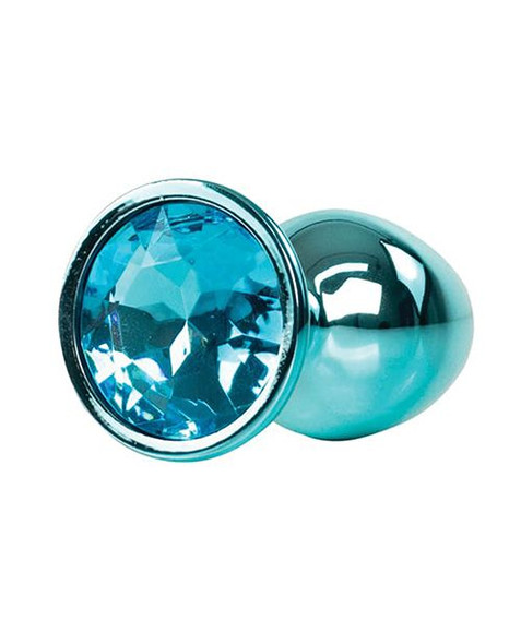 Close-up of the Camtoyz Crown Jewel Mini Plug highlighting the polished stainless steel body and faceted blue gemstone set into the flared base.
