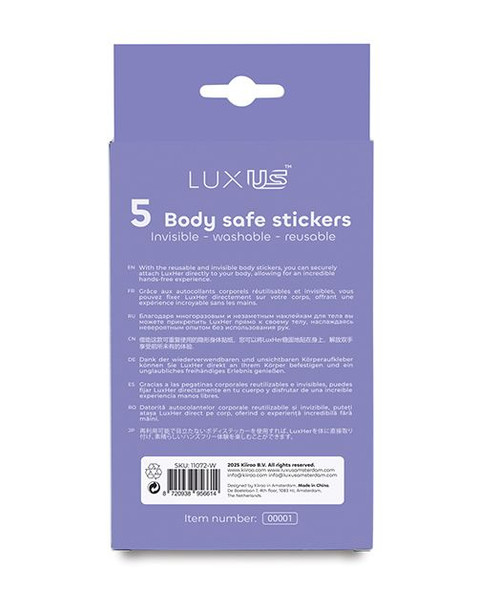 Back of Luxus LuxHer body-safe adhesive sticker package with instructions and multilingual description for reusable wearable vibrator mounting stickers.