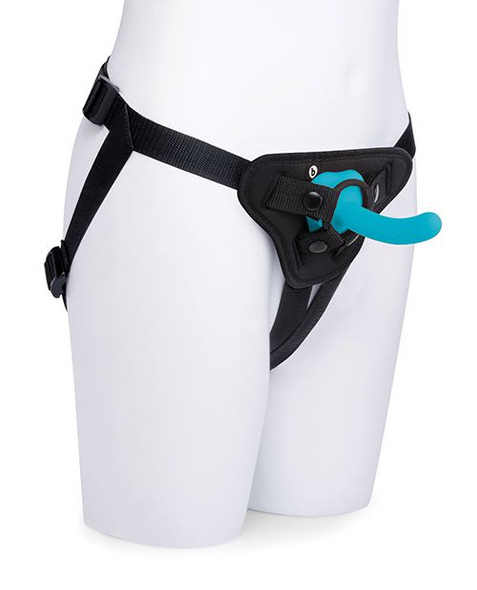 Front view of b-Vibe strap-on harness with attached silicone dildo from the Strap-It-On pegging training kit.