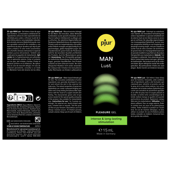 Pjur MAN Lust male stimulation gel with spilanthes acmella extract, a water-based arousal formula that enhances sensation and circulation for more intense touch.