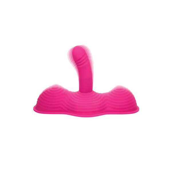 Pink ride-on vibrator with contoured grinding surface and flexible insertable shaft, designed for hands-free stimulation and multi-zone vibration.