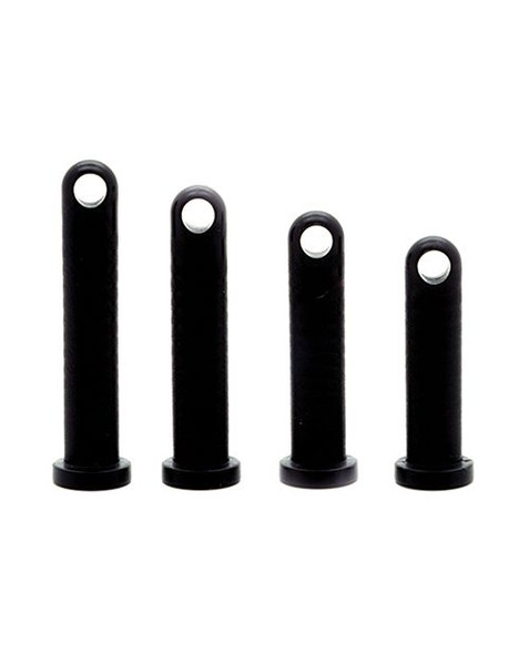 CB-X locking pin set showing four different sized black polycarbonate pins for adjusting fit and spacing in chastity cages