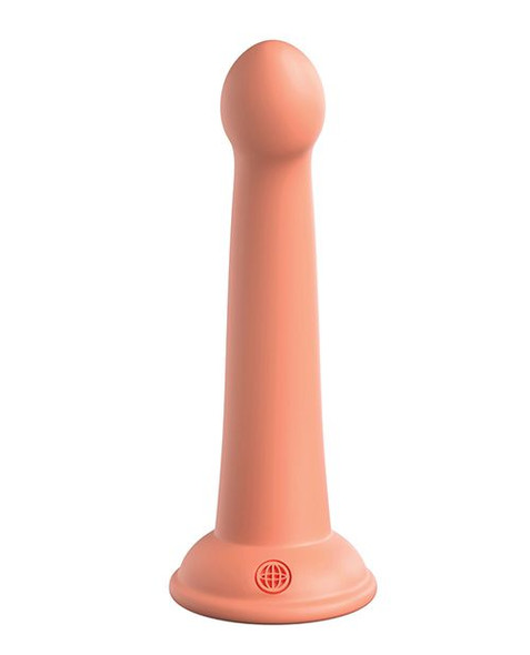 Front-facing product image of the Dillio Platinum 6" Secret Explorer Slim Dildo in a smooth peach tone, showing its slim profile, rounded tip, and suction cup base.