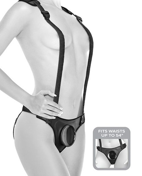 Side view of the Body Dock Strap-On Suspender Harness shown , highlighting the harness design, docking plate, and included components.