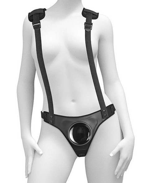 Front-facing product image of the Body Dock Strap-On Suspender Harness showing the silicone docking plate, adjustable straps, and overall fit of the suspender-style design.