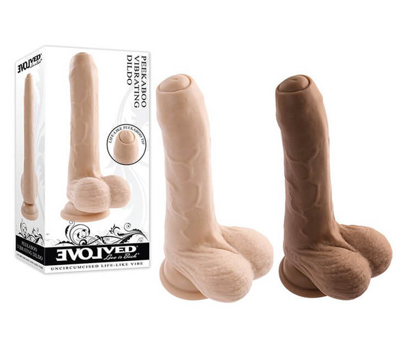 Product image of the Peekaboo Uncut Vibrating Dildo shown alongside its retail packaging, displaying two color variations and highlighting the realistic shape and suction cup base.