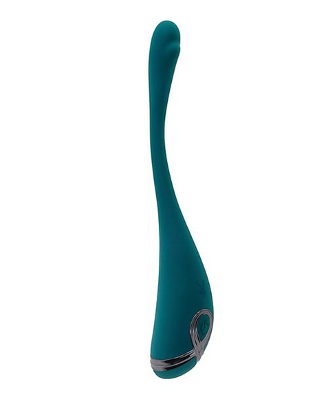Playboy Pleasure Pinpoint Perfection Clit Vibe, slim teal bendable vibrator on white background