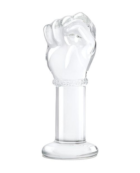 Clear glass butt plug with a sculpted fist-shaped head, shown against a neutral background. The toy features a smooth, transparent finish with a wide circular base for stability.
