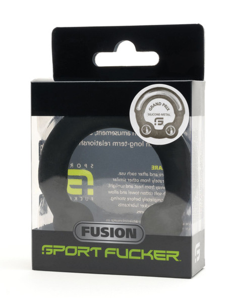 Package containing the port Fucker Grand Prix Fusion Ring  with steel core and silicone exterior