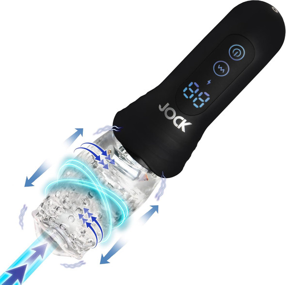 Jock masturbator Clear TPE sleeve with a mouth-shaped opening attached to a black motorized base with control buttons.