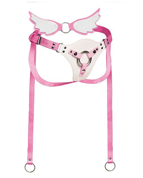 Front view of a white and pink vegan leather strap-on harness featuring angel wings, adjustable straps, polished metal hardware