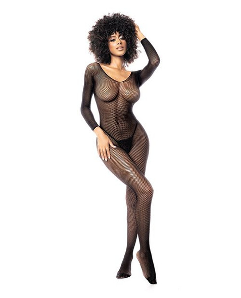 Front view of black long sleeve fishnet bodystocking with scoop neckline, full-length mesh design, and sheer open weave