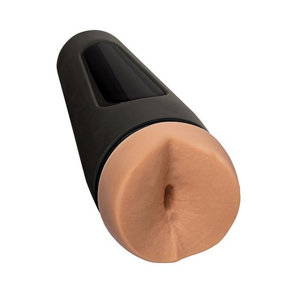 Pierce Paris MANSQUEEZE ULTRASKYN stroker removed from case, close-up exterior product shot showing realistic molded opening, lifelike skin texture, and hard-shell casing
