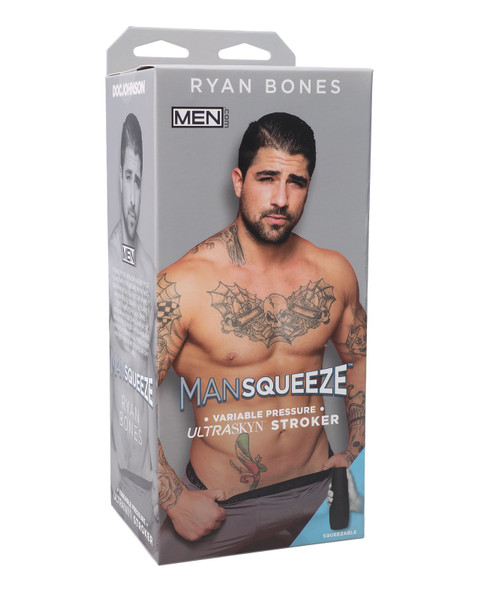 Ryan Bones MANSQUEEZE Stroker by Doc Johnson in original branded packaging featuring Ryan Bones on the box with ULTRASKYN branding