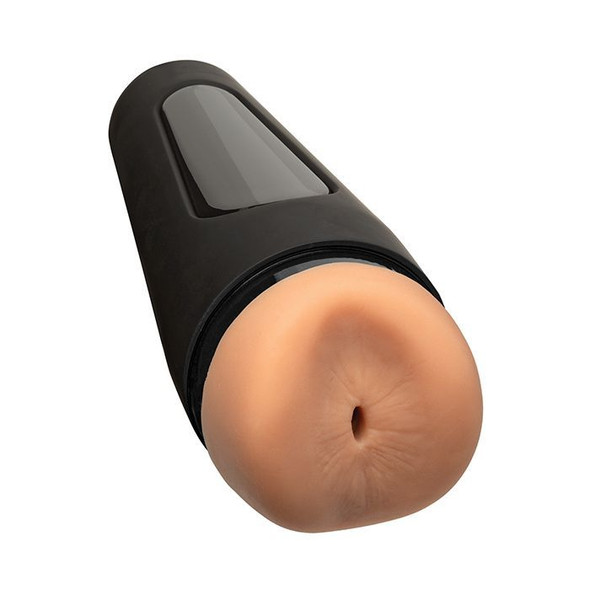 Ryan Bones MANSQUEEZE ULTRASKYN stroker removed from hard-shell case, close-up product shot showing realistic molded opening, skin-like texture, and hard shell exterior