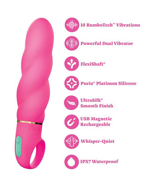 Aria Amazing AF Silicone Swirl Vibe product features  showing a pink vibrator with spiral-textured shaft, rounded head, flexible body, smiley-face power button, and loop handle base against a white background.