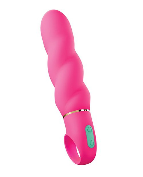 Aria Amazing AF Silicone Swirl Vibe product image showing a pink silicone vibrator with spiral shaft texture, rounded head, loop handle base, and compact 6.75-inch length displayed vertically against a white background.