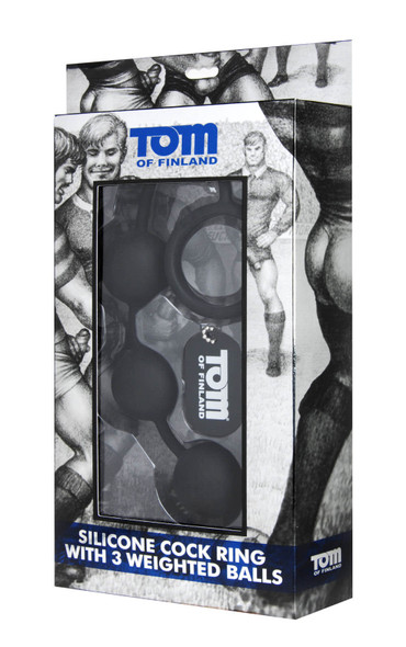 Retail packaging for the Tom Of Finland Weighted Ass Balls With Ring showing the weighted silicone anal bead set, cock ring attachment, and official Tom Of Finland collector branding.