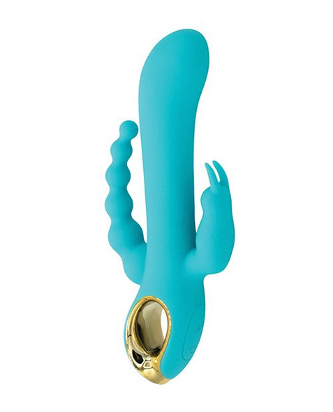 Front product shot of the Natalie’s Toybox Mighty Magic Clit, G-Spot & Anal Rabbit vibrator standing upright against a white background. The toy features a turquoise silicone body with a curved insertable shaft, flexible rabbit-style clitoral ears, slim anal bead extension, and a metallic gold finger loop control base.