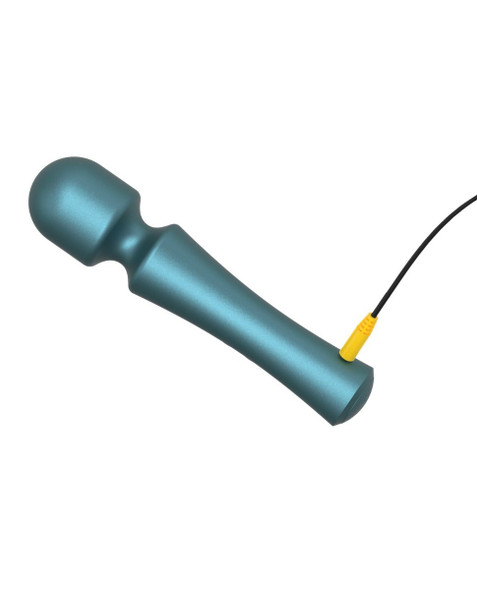 Image 3: ROMP Presto Mini Wand close-up showing the rounded head and tapered handle shape with matte metallic teal finish, shown while connected to a USB charging cable