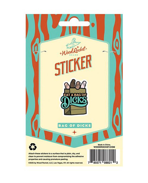 Rear product image of the Eat A Bag Of Dicks Vinyl Sticker packaging showing the plain backing card with product information, barcode area, and manufacturer details printed on the back.