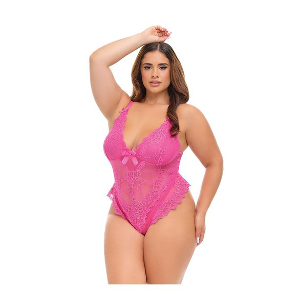 Plus-sized Valentine Lace Teddy shown from the front featuring sheer floral lace, a deep plunge neckline, decorative bow accents, soft cups, and a fitted teddy silhouette.