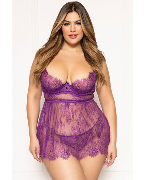 Purple Eyelash Lace Underwire Babydoll - Queen shown from the front with sheer purple eyelash lace cups, underwire shaping, satin-covered button details, gold hardware, adjustable straps, and a sheer flowing skirt.