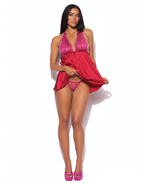 Full view of model wearing the Raspberry Kiss Babydoll, highlighting the fuchsia lace bodice, deep plunge halter neckline, and flyaway red satin skirt. ?❤️?✨