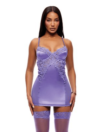 Lavender Guipure Lace & Satin Babydoll Set front view showing molded satin-covered cups, guipure lace appliqués, adjustable straps, body-skimming satin construction, matching G-string, and thigh-high stockings.