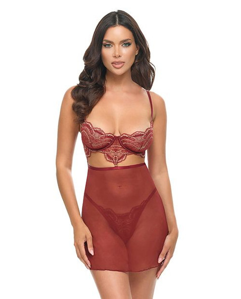 Arielle Underwire Lace Babydoll Set front view showing burgundy two-tone lace cups, unlined underwire support, floating waist detail, sheer mesh skirt, adjustable straps, and matching G-string.