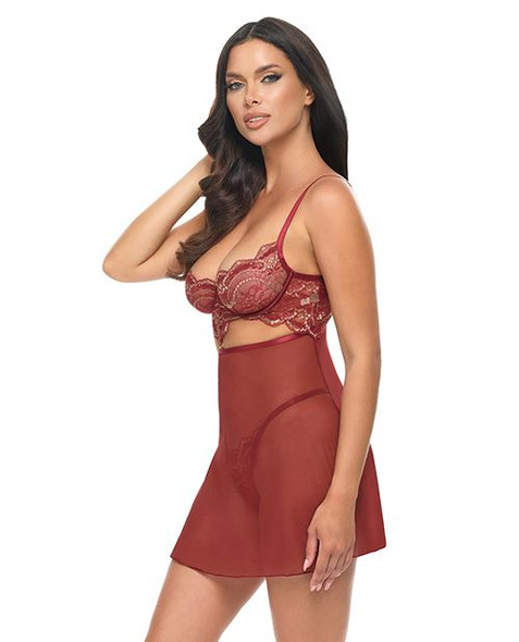 Arielle Underwire Lace Babydoll Set side view showing the lace underwire bodice, sheer mesh skirt, waist cutout detail, and matching G-string.