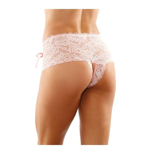 Pink Magnolia Lace-Up Crotchless Boyshort rear view showing floral lace boyshort coverage, scalloped lace trim, and ribbon lace-up side details.