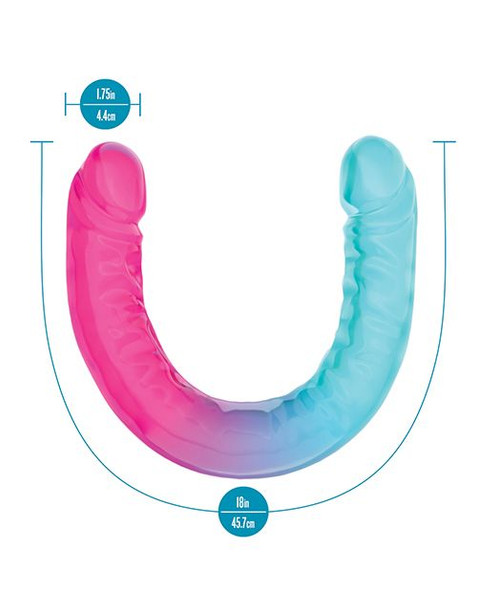 Side view of the Candy Papi 18" XX Large Double Dong showing its size dimensions and extra-long flexible shape, pronounced texture, and vibrant multicolor candy-inspired design.