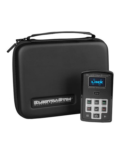 ElectraStim LINX Luxury Electro Stimulator with OLED screen, tactile button controls, charging cable, connection cables, ElectraPads, belt clip, and protective storage case.