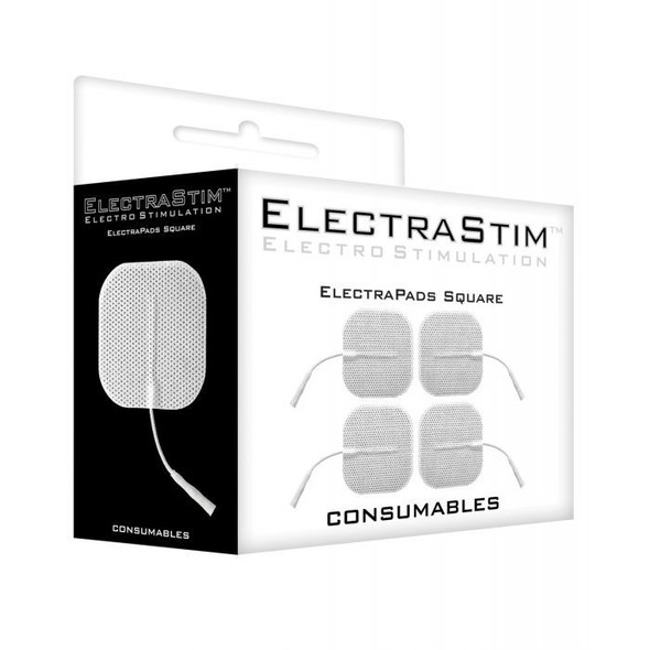 ElectraStim ElectraPads Adhesive Accessories retail packaging displaying four reusable self-adhesive conductive electrode pads designed for use with ElectraStim power units.