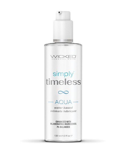 Simply Timeless Aqua Water-Based Lubricant 4 oz bottle from Wicked Sensual Care. A silky water-based formula designed for comfort, hydration, and long-lasting glide.