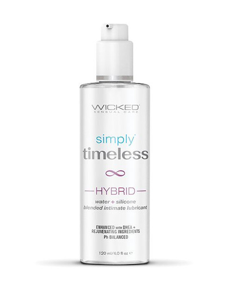 Simply Timeless Hybrid + DHEA Lubricant by Wicked Sensual Care. A 4 oz hybrid water and silicone lubricant formulated with DHEA, hyaluronic acid, squalane, olive leaf extract, and vitamin E for comfort, hydration, and long-lasting glide.