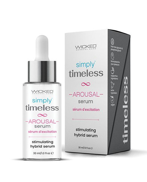 Simply Timeless Arousal Serum by Wicked Sensual Care. A warming clitoral stimulation serum created for women experiencing perimenopause, menopause, and changing intimacy needs. Formulated with peptides, amino acids, hyaluronic acid, squalane, aloe, olive leaf extract, and vitamin E.