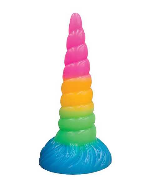 Vac-U-Lock Fantasy Fuckers Unicorn Horn dildo in rainbow-colored silicone with a tapered spiral unicorn horn shape and wide suction cup base.