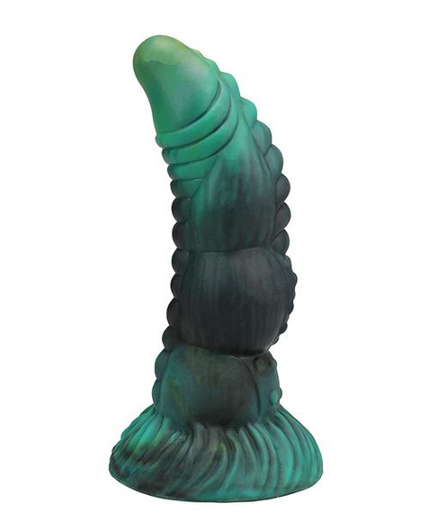 Vac-U-Lock Fantasy Fuckers Green Serpent dildo in black and deep green silicone featuring a curved shaft, textured dorsal ridge, segmented lower body, creature-inspired head, and wide suction cup base.