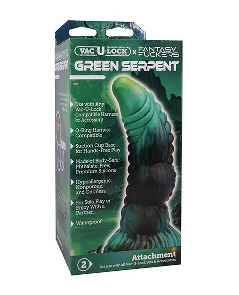 Vac-U-Lock Fantasy Fuckers Green Serpent displayed in retail packaging with fantasy creature artwork, Fantasy Fuckers branding, and visible black and deep green textured silicone dildo.
