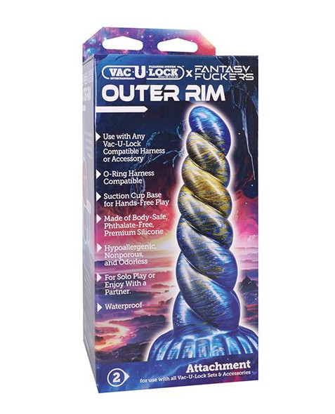 Vac-U-Lock Fantasy Fuckers Outer Rim displayed in retail packaging with cosmic-themed artwork, Fantasy Fuckers branding, and visible blue-and-gold marbled silicone dildo with spiral texture.