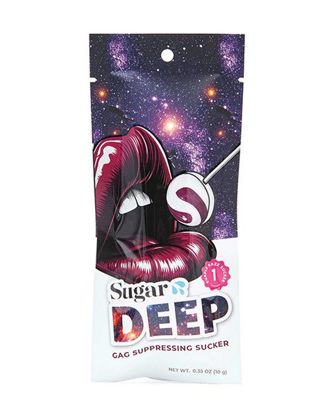 Sugar Splash DEEP Gag Suppressing Sucker retail packaging featuring the bold DEEP logo, Purple Razz flavor designation, and stylized lollipop artwork. Single-serving package designed to help reduce gag reflex sensitivity during oral play.