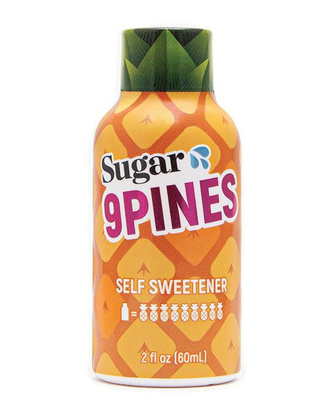 Sugar Splash 9Pines Self Sweetener 2 oz pineapple shot bottle featuring bright yellow packaging, pineapple graphics, and "9Pines" branding. Concentrated fruit-based formula designed to help you taste sweeter during oral play.