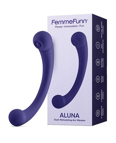 Femme Funn Aluna dual-ended G-spot vibrator in deep purple with curved ergonomic design.
