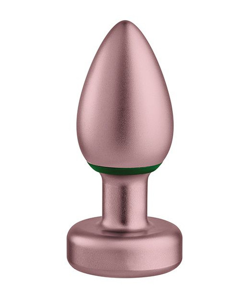 Close-up of the Femme Funn Bougie anodized aluminum butt plug showing the tapered tip, emerald accents, and wireless remote.