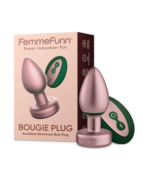 Rose gold Femme Funn Bougie vibrating butt plug with emerald green accents and wireless remote.