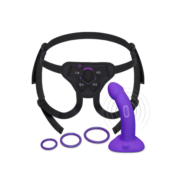 b-Vibe Vibrating P-Spot & G-Spot Strap-On Kit with adjustable harness and curved vibrating silicone dildo