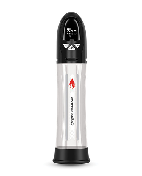 A close-up of the Renegade Warrior Waterproof Automatic Penis Pump standing upright against a white background. The clear acrylic chamber reveals the spacious 8-inch interior while the sleek black handle features an LCD display and simple push-button controls, highlighting the pump's modern automatic design.